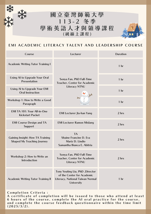 2024-12-31【活動訊息】臺灣師範大學-辦理《EMI教學增能課程》、《EMI 教師專業社群補助辦法》及《EMI學術英語人才與領導 課程》之圖片