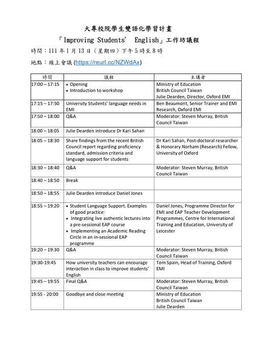 2022-01-10 【活動轉知】教育部－大專校院雙語化學習計畫「Improving Students’ English」工作坊圖片