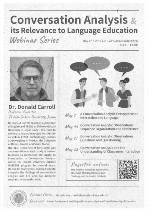 2022-04-29【活動轉知】國立臺北教育大學－「Conversation Analysis and its Relevance to Language Education」EMI教師增能系列講座圖片